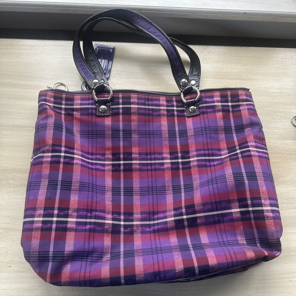 Coach Poppy Plaid Purple Pink Handbag Large gray condition - Picture 9 of 16